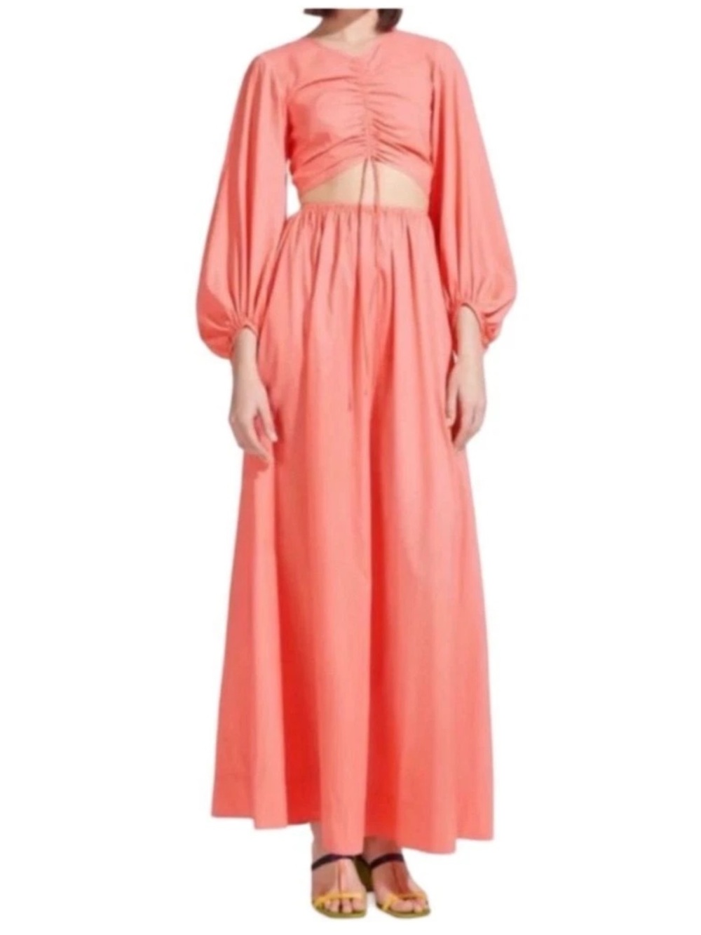Staud Tangier Ruched Cutout Balloon Sleeve Maxi Dress Coral Size M - Picture 7 of 12